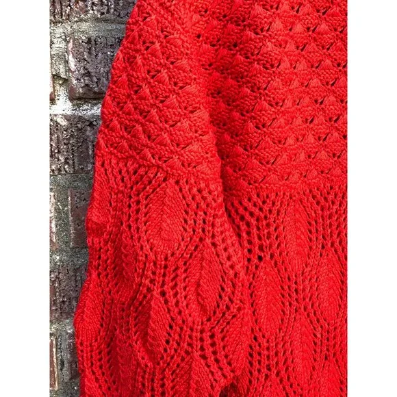 Vtg NOS Bright Orangish Red Hand Knit Cotton Sweater Intricate Patterns Sz XL - Picture 3 of 4